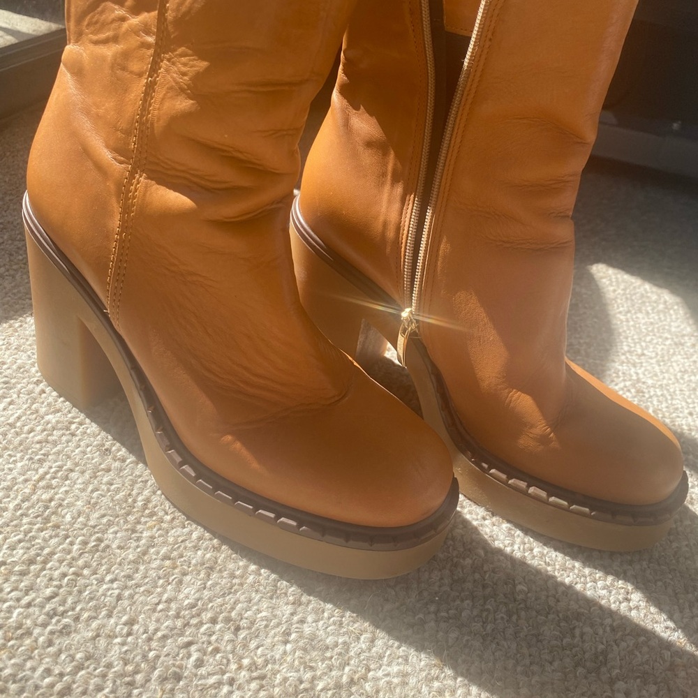 Cognac Leather Block Heel boots